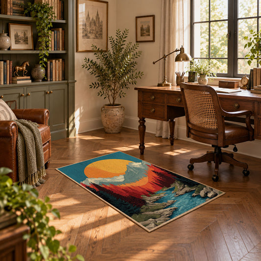 Colorful vintage geometric mountain horizon area rug displayed in a sunlit home office