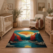 Colorful vintage geometric alpine landscape area rug shown in a calm nursery
