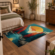 Colorful vintage geometric alpine landscape area rug displayed beside a cozy bed