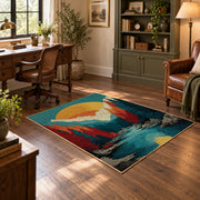 Colorful vintage geometric alpine landscape area rug angled view in a classic bedroom
