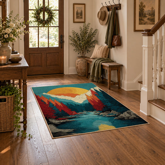 Colorful vintage geometric alpine landscape area rug styled in a welcoming entryway