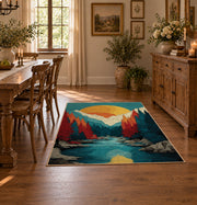 Colorful vintage geometric alpine landscape area rug shown in a bright dining space
