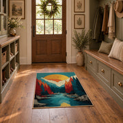 Colorful vintage geometric alpine landscape area rug displayed in a refined hallway