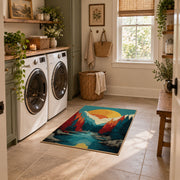 Colorful vintage geometric alpine landscape area rug placed in a modern laundry room
