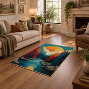 Colorful vintage geometric alpine landscape area rug shown beside a comfortable sofa