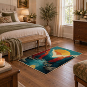 Colorful vintage geometric alpine landscape area rug styled in a restful bedroom