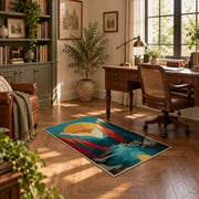 Colorful vintage geometric alpine landscape area rug displayed in a sunlit home office