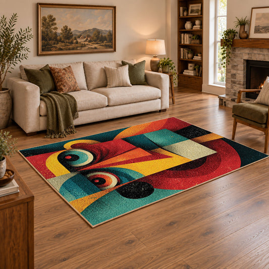 Colorful vintage geometric geometric faces area rug styled in a warm living room
