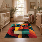 Colorful vintage geometric geometric faces area rug shown in a calm nursery