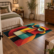 Colorful vintage geometric geometric faces area rug displayed beside a cozy bed