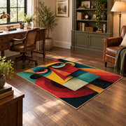 Colorful vintage geometric geometric faces area rug angled view in a classic bedroom