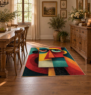 Colorful vintage geometric geometric faces area rug shown in a bright dining space
