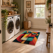 Colorful vintage geometric geometric faces area rug placed in a modern laundry room