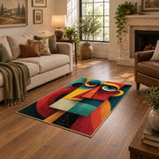 Colorful vintage geometric geometric faces area rug shown beside a comfortable sofa