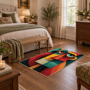 Colorful vintage geometric geometric faces area rug styled in a restful bedroom