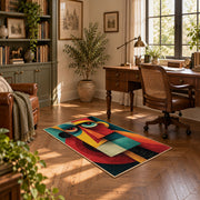 Colorful vintage geometric geometric faces area rug displayed in a sunlit home office