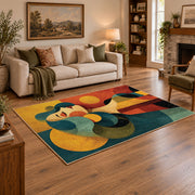 Colorful vintage geometric family portrait area rug styled in a warm living room