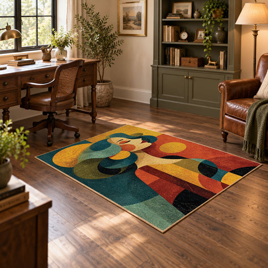 Colorful vintage geometric family portrait area rug angled view in a classic bedroom