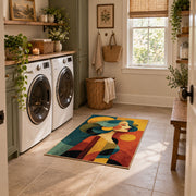 Colorful vintage geometric family portrait area rug placed in a modern laundry room