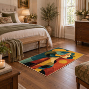 Colorful vintage geometric family portrait area rug styled in a restful bedroom