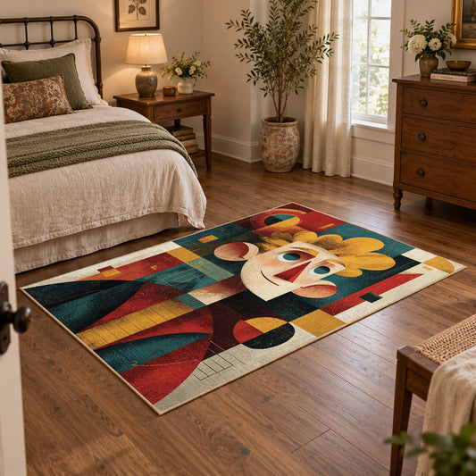 Colorful vintage geometric cat portrait area rug displayed beside a cozy bed