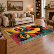 Colorful vintage geometric cubist face area rug styled in a warm living room