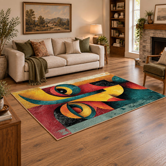 Colorful vintage geometric cubist face area rug styled in a warm living room