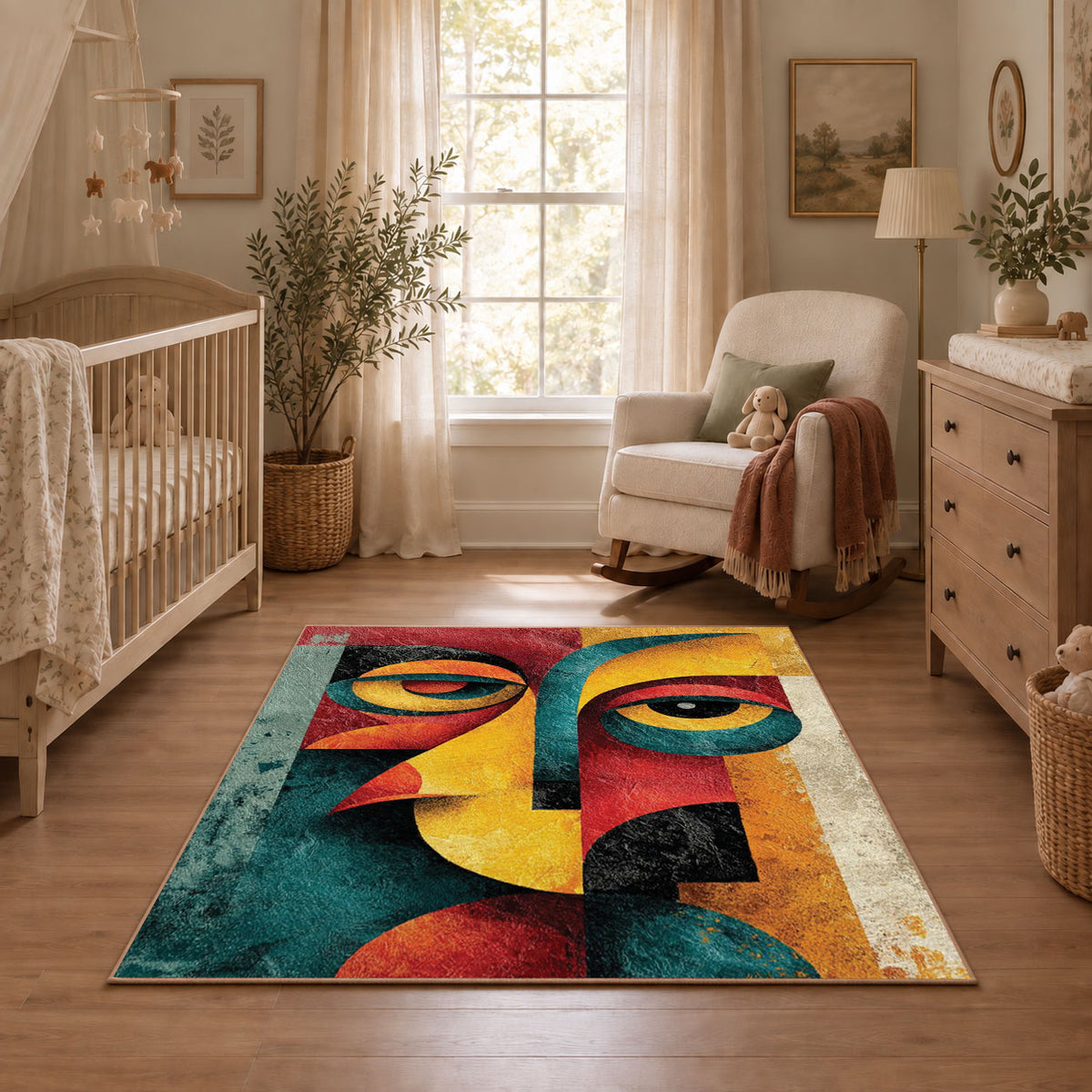 Colorful vintage geometric cubist face area rug shown in a calm nursery