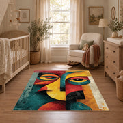 Colorful vintage geometric cubist face area rug shown in a calm nursery