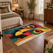 Colorful vintage geometric cubist face area rug displayed beside a cozy bed