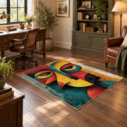 Colorful vintage geometric cubist face area rug angled view in a classic bedroom