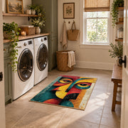Colorful vintage geometric cubist face area rug placed in a modern laundry room