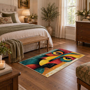 Colorful vintage geometric cubist face area rug styled in a restful bedroom