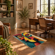 Colorful vintage geometric cubist face area rug displayed in a sunlit home office