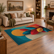Colorful vintage geometric autumn leaves area rug styled in a warm living room