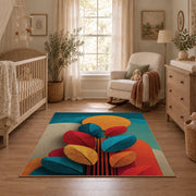 Colorful vintage geometric autumn leaves area rug shown in a calm nursery