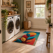 Colorful vintage geometric autumn leaves area rug placed in a modern laundry room