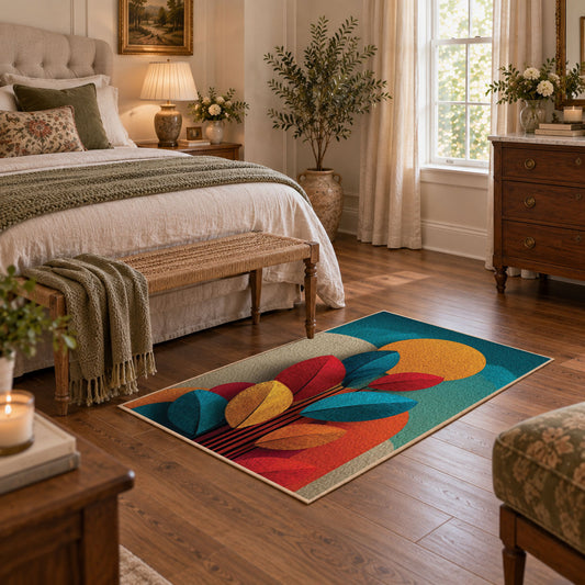Colorful vintage geometric autumn leaves area rug styled in a restful bedroom