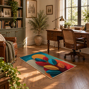 Colorful vintage geometric autumn leaves area rug displayed in a sunlit home office