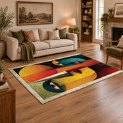 Colorful vintage geometric profile portrait area rug styled in a warm living room