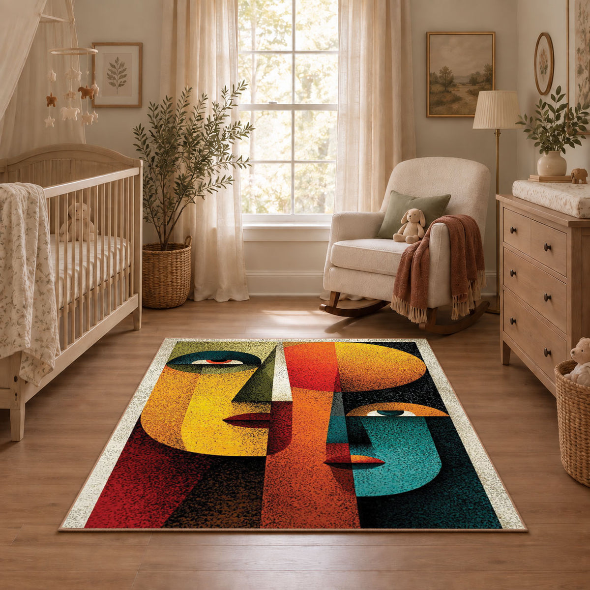 Colorful vintage geometric profile portrait area rug shown in a calm nursery