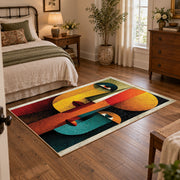 Colorful vintage geometric profile portrait area rug displayed beside a cozy bed