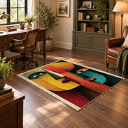 Colorful vintage geometric profile portrait area rug angled view in a classic bedroom