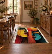 Colorful vintage geometric profile portrait area rug shown in a bright dining space