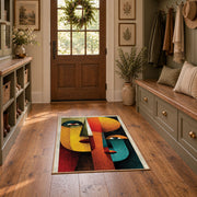 Colorful vintage geometric profile portrait area rug displayed in a refined hallway