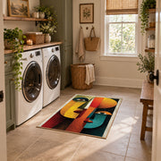 Colorful vintage geometric profile portrait area rug placed in a modern laundry room