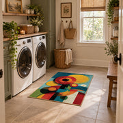 Colorful vintage geometric geometric flowers area rug placed in a modern laundry room