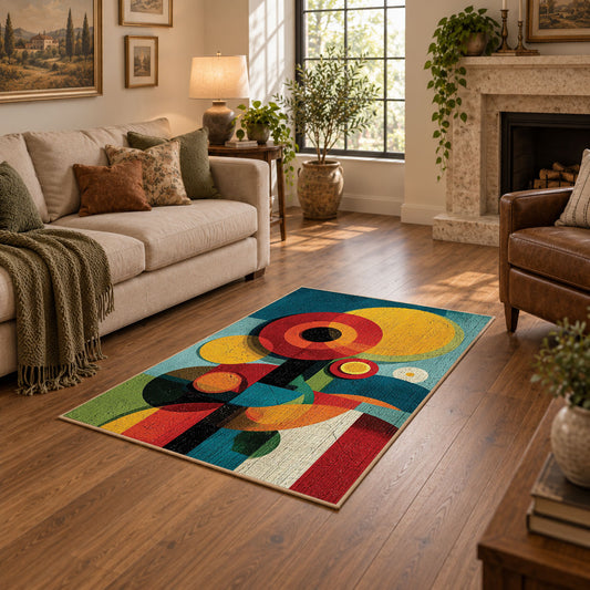 Colorful vintage geometric geometric flowers area rug shown beside a comfortable sofa