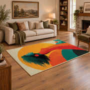 Colorful vintage geometric tree landscape area rug styled in a warm living room