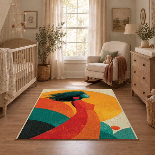 Colorful vintage geometric tree landscape area rug shown in a calm nursery
